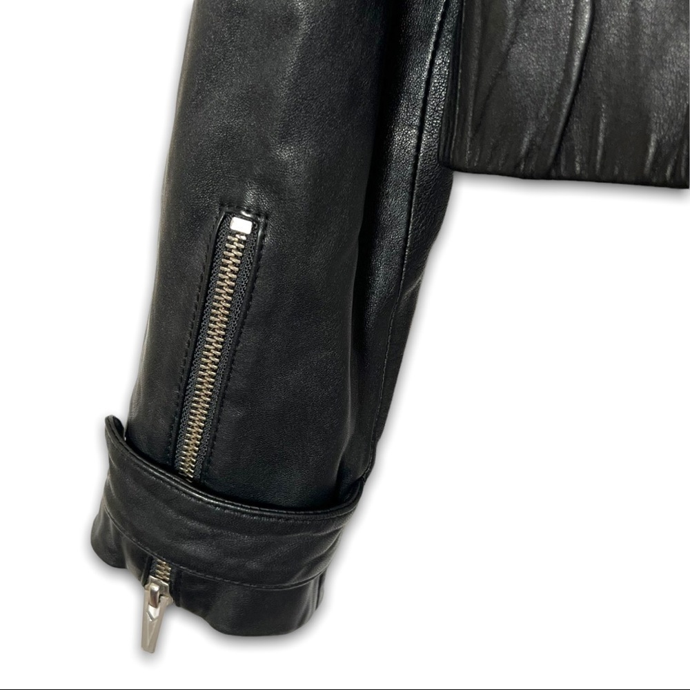 VEDA Lamb Leather Faux Fur Collar Cropped Y2K Penny Lane Biker Bomber Jacket L‎ - Picture 9 of 13